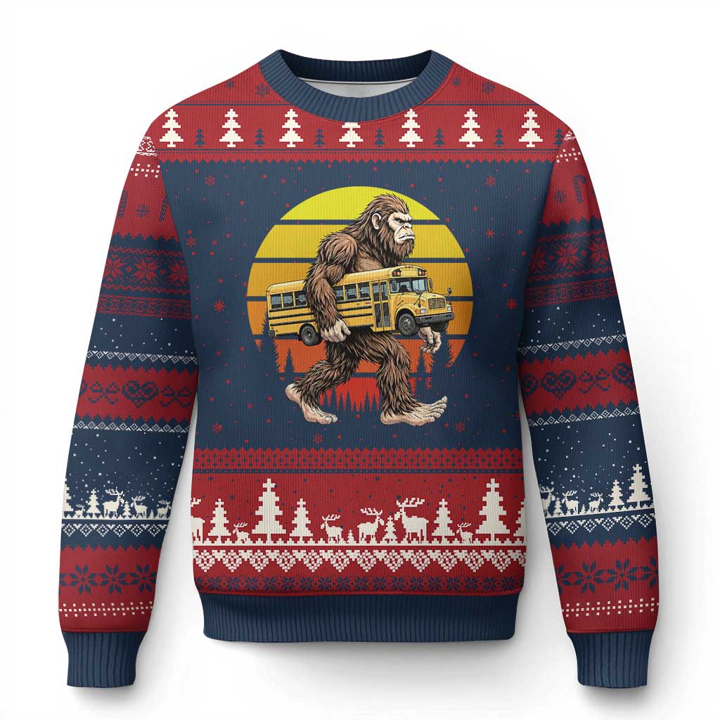 Funny Bigfoot School Bus Lover Ugly Christmas Sweater Sasquatch Back To School Vintage Gift