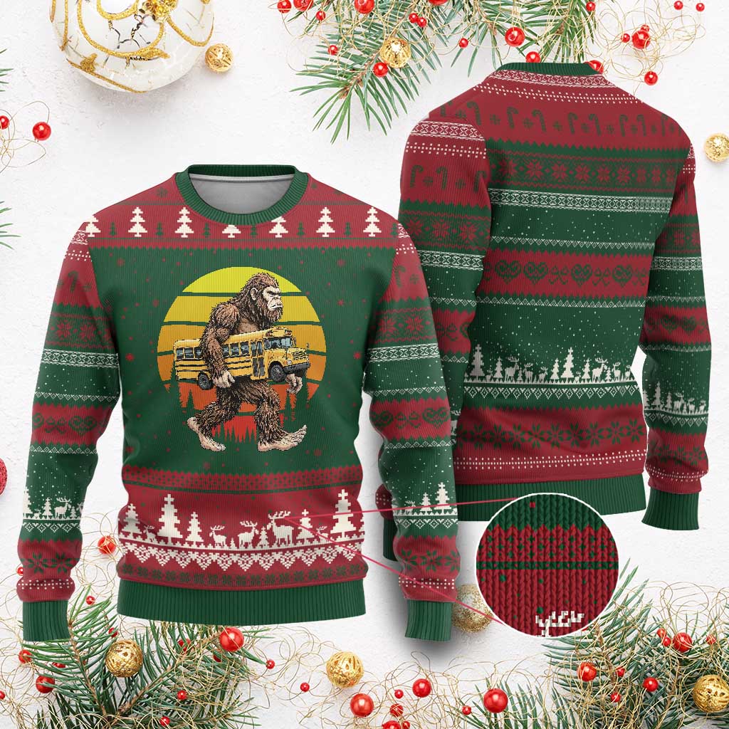 Funny Bigfoot School Bus Lover Ugly Christmas Sweater Sasquatch Back To School Vintage Gift