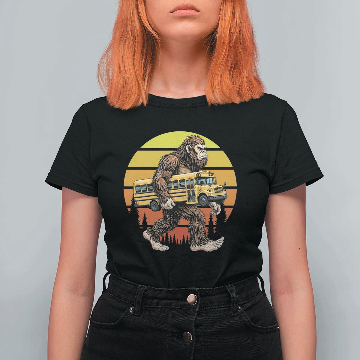 Funny Bigfoot School Bus Lover T Shirt For Women Sasquatch Back To School Vintage Gift