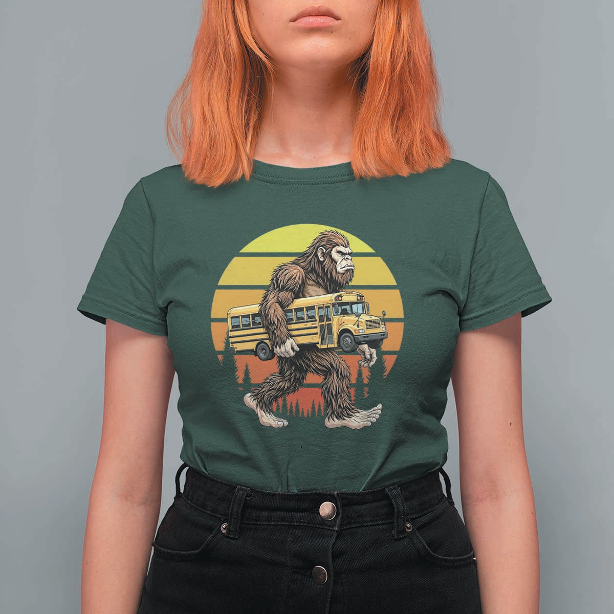 Funny Bigfoot School Bus Lover T Shirt For Women Sasquatch Back To School Vintage Gift