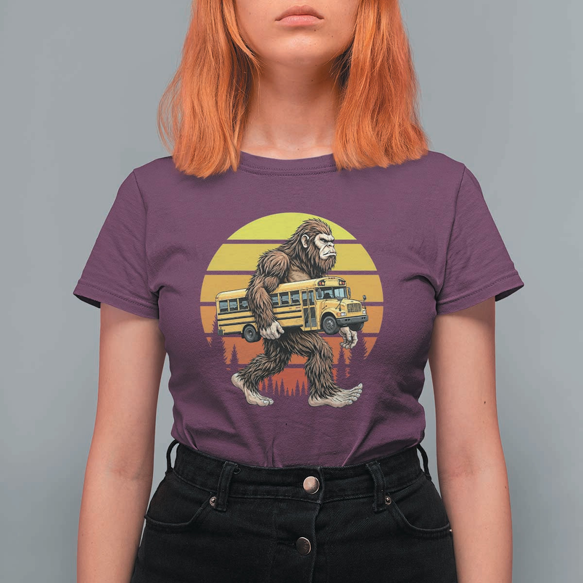 Funny Bigfoot School Bus Lover T Shirt For Women Sasquatch Back To School Vintage Gift