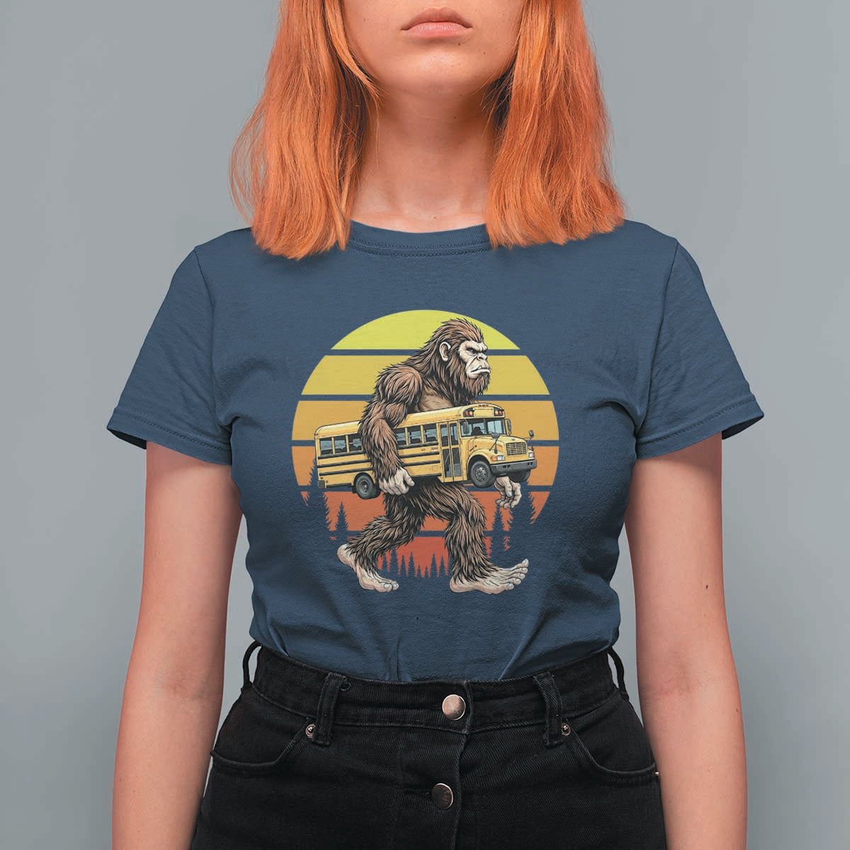 Funny Bigfoot School Bus Lover T Shirt For Women Sasquatch Back To School Vintage Gift