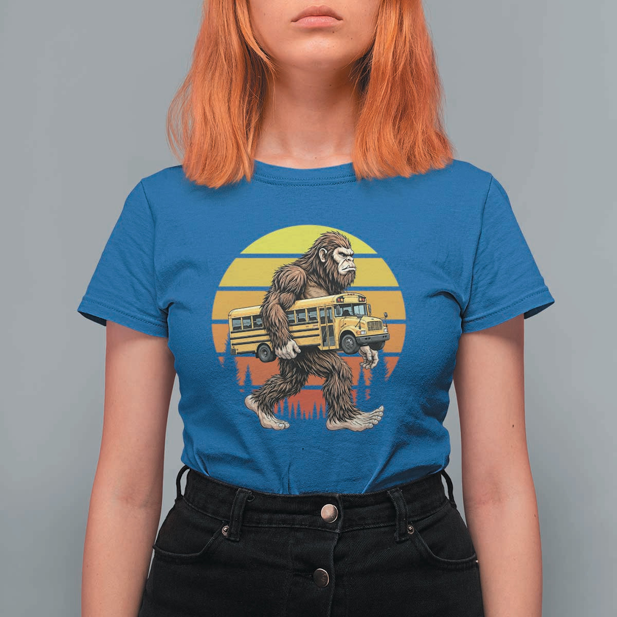 Funny Bigfoot School Bus Lover T Shirt For Women Sasquatch Back To School Vintage Gift