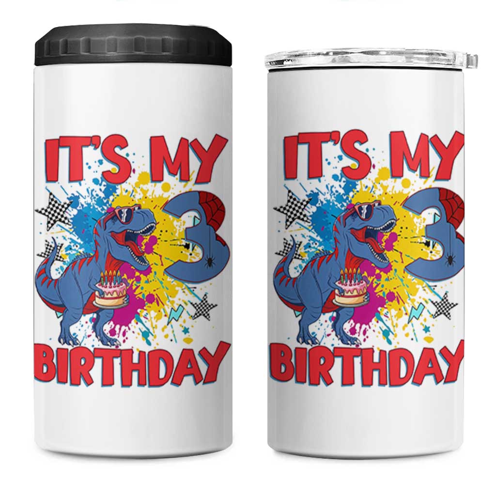 Dino Spider Its My 3rd Birthday 4 in 1 Can Cooler Tumbler Dinosaur Gift For Boys