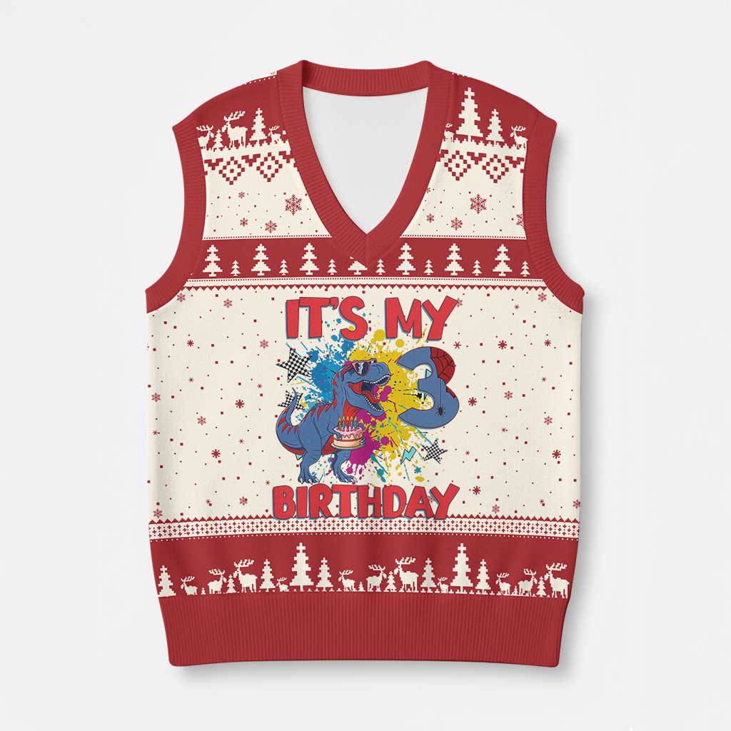 Dino Spider Its My 3rd Birthday V-Neck Knit Sweater Vest Dinosaur Gift For Boys