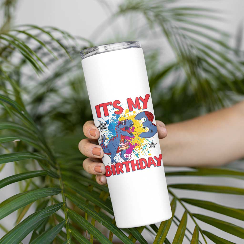 Dino Spider Its My 3rd Birthday Skinny Tumbler Dinosaur Gift For Boys