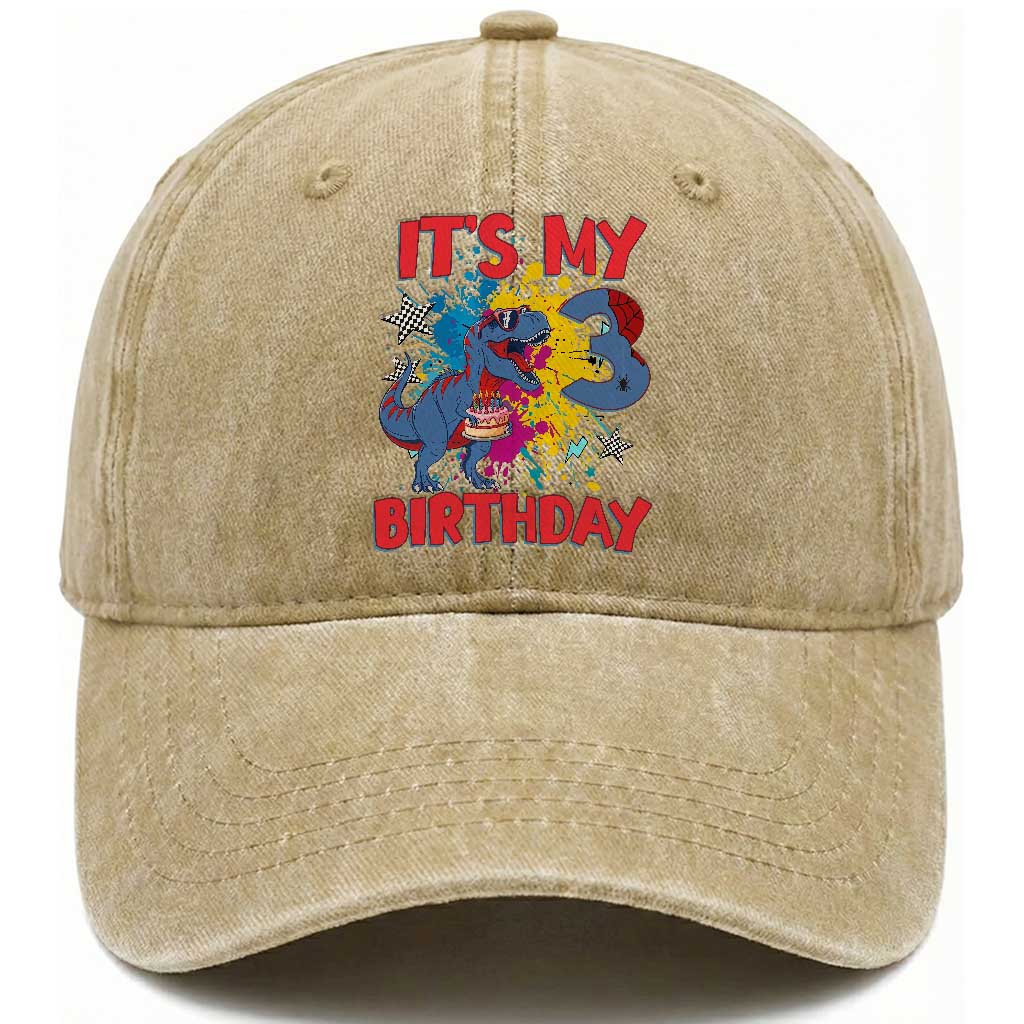 Dino Spider Its My 3rd Birthday Washed Cotton Baseball Cap Dinosaur Gift For Boys
