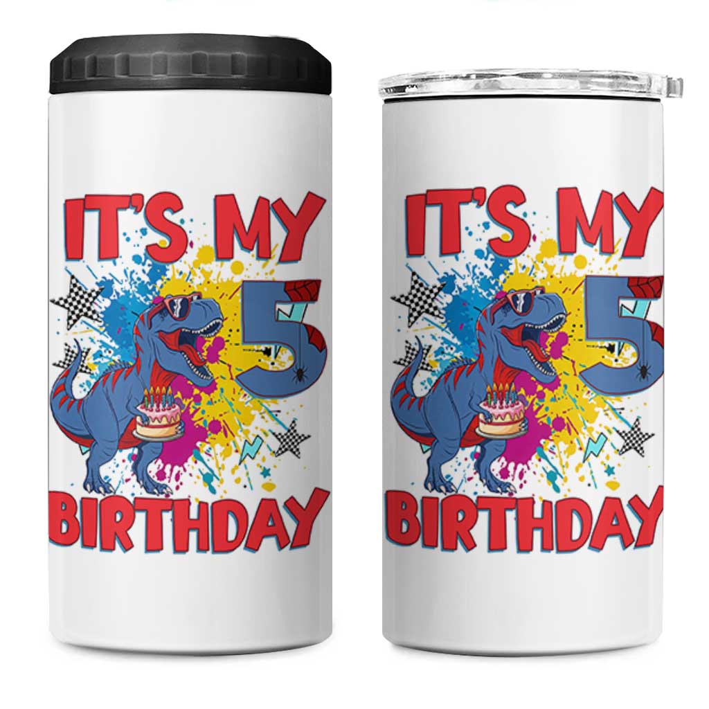 Dino Spider Its My 5th Birthday 4 in 1 Can Cooler Tumbler Dinosaur Gift For Boys