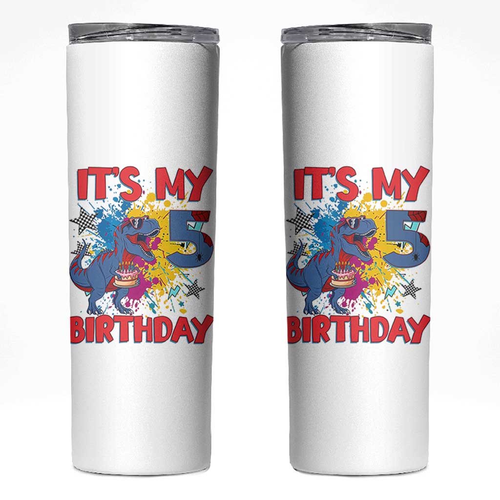 Dino Spider Its My 5th Birthday Skinny Tumbler Dinosaur Gift For Boys