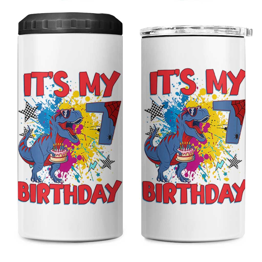 Dino Spider Its My 7th Birthday 4 in 1 Can Cooler Tumbler Dinosaur Gift For Boys