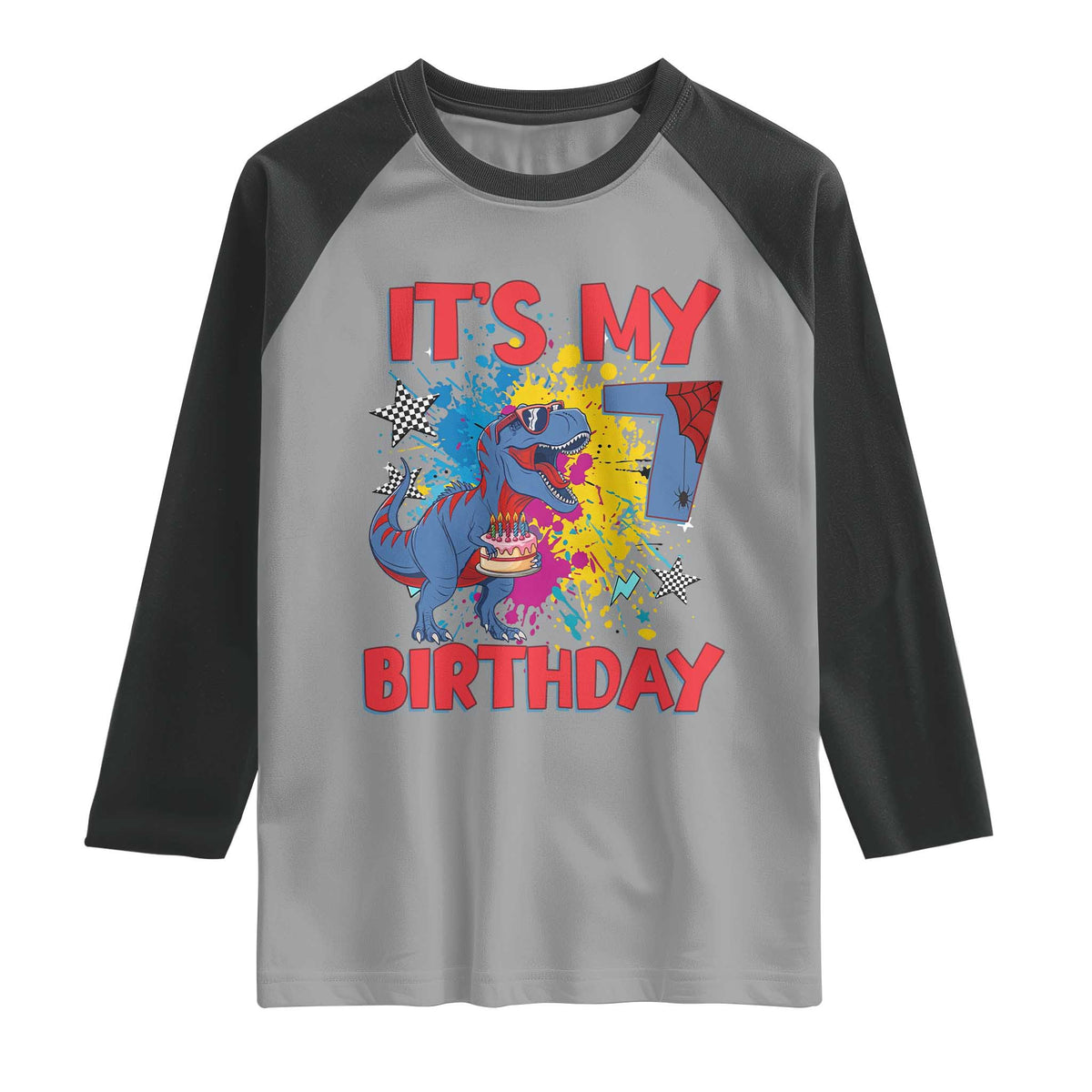 Dino Spider Its My 7th Birthday Raglan Shirt Dinosaur Gift For Boys