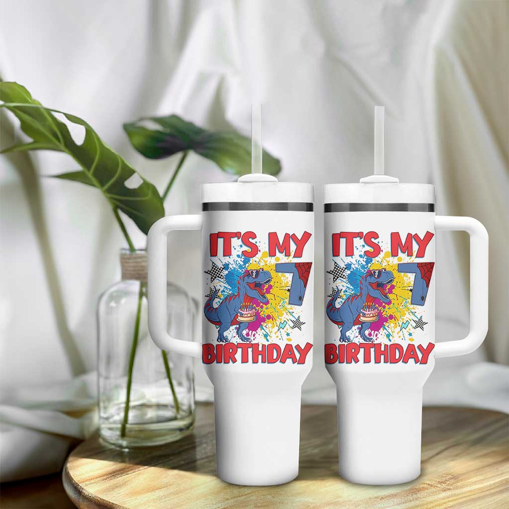 Dino Spider Its My 7th Birthday Tumbler With Handle Dinosaur Gift For Boys