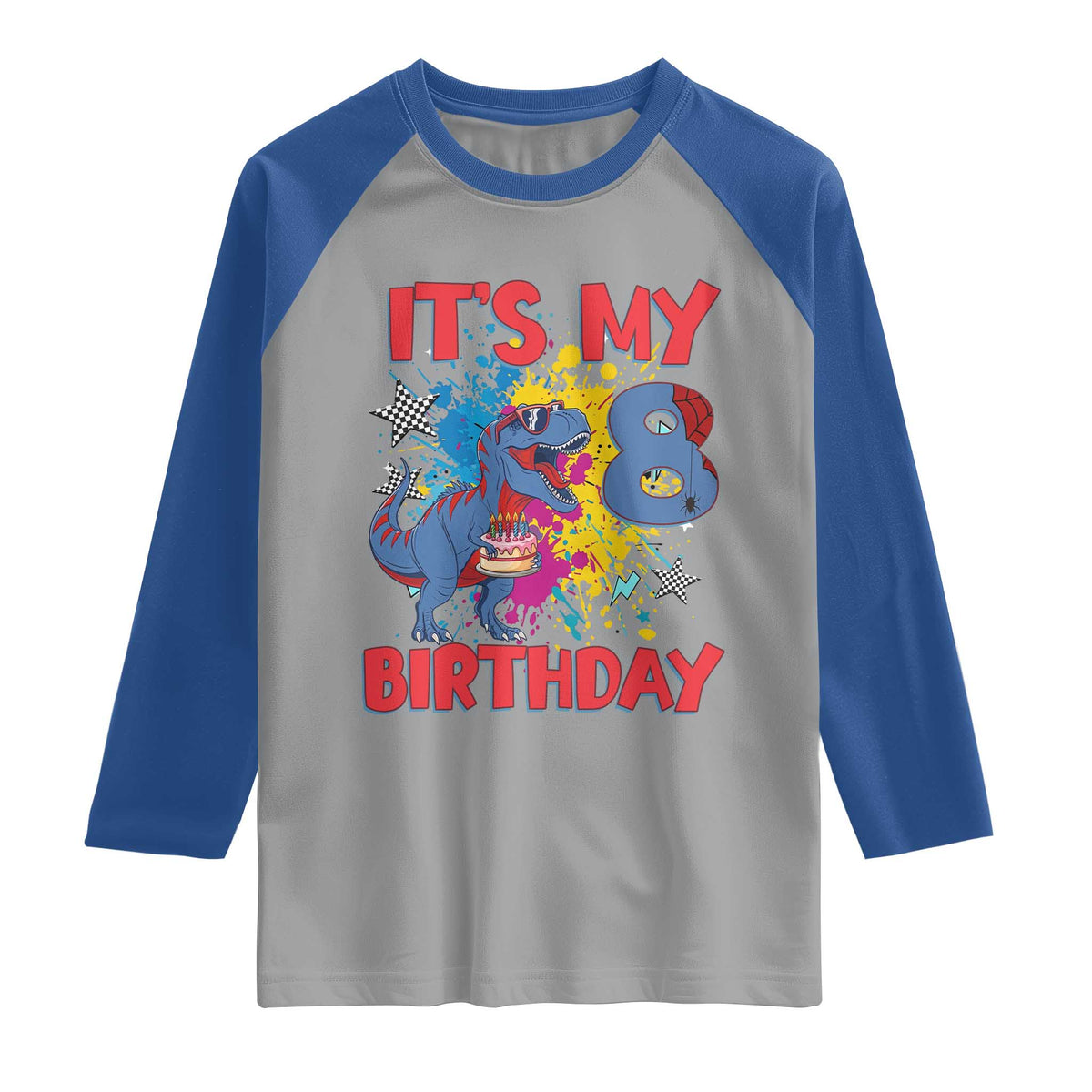 Dino Spider Its My 8th Birthday Raglan Shirt Dinosaur Gift For Boys