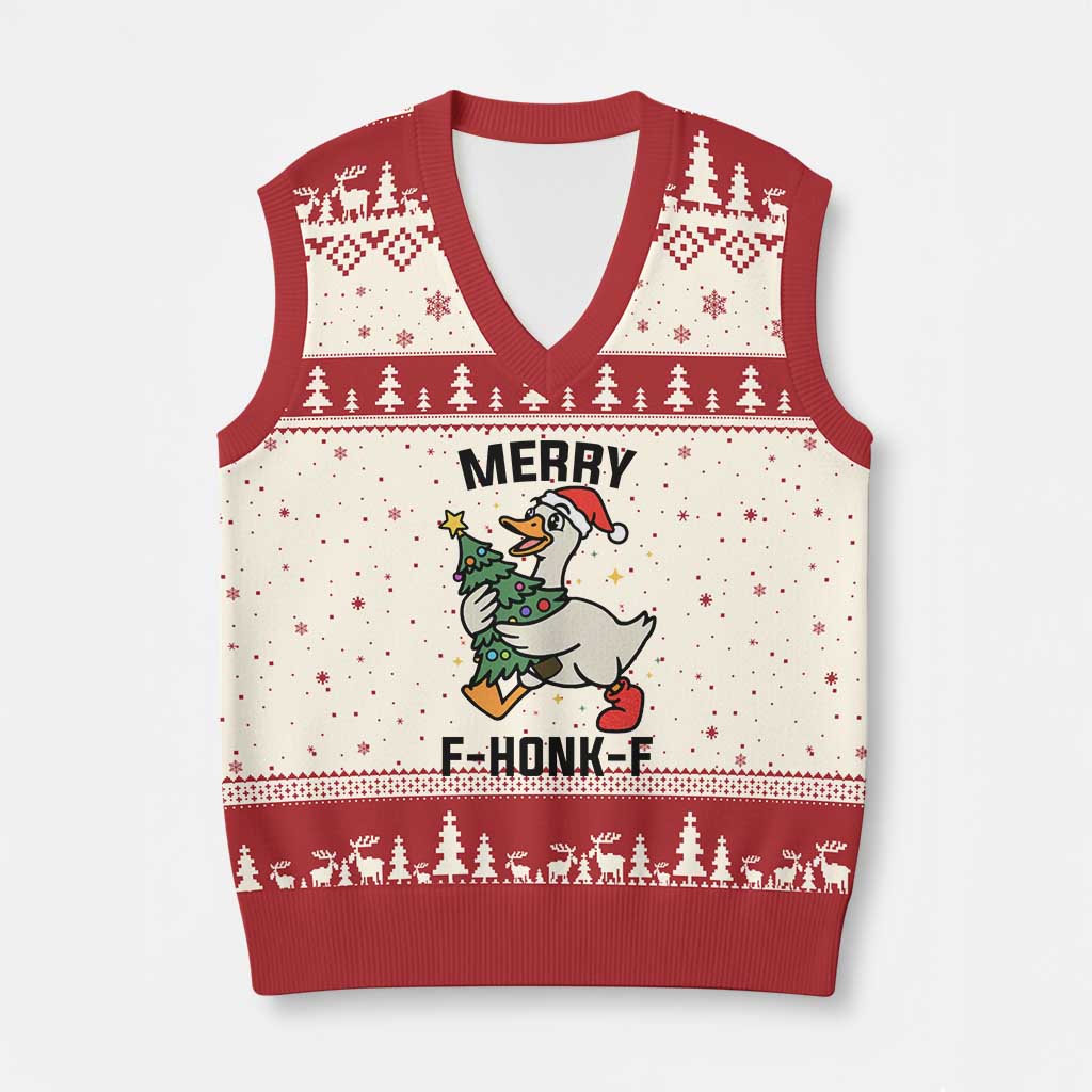 Merry F Caw F Goose V-Neck Knit Sweater Vest Funny Xmas Gift - Wonder Print Shop