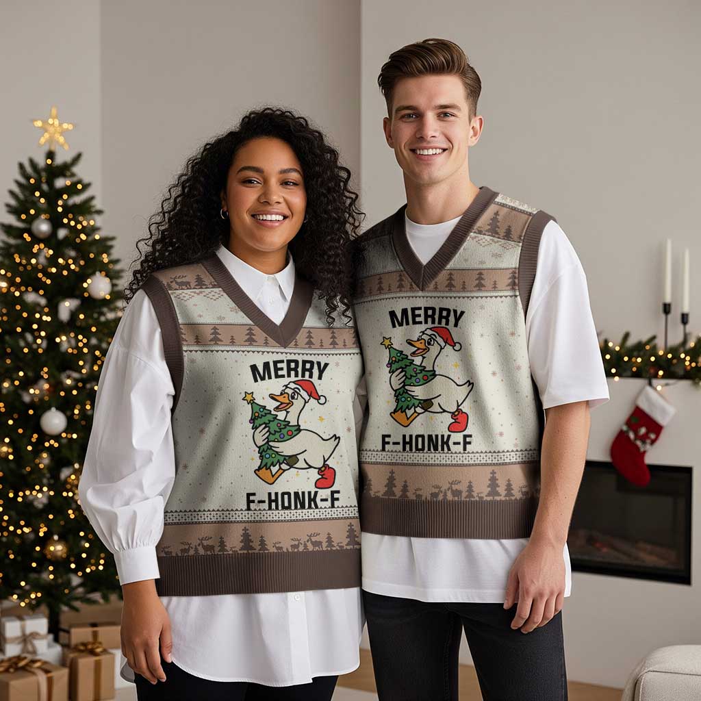 Merry F Caw F Goose V-Neck Knit Sweater Vest Funny Xmas Gift - Wonder Print Shop