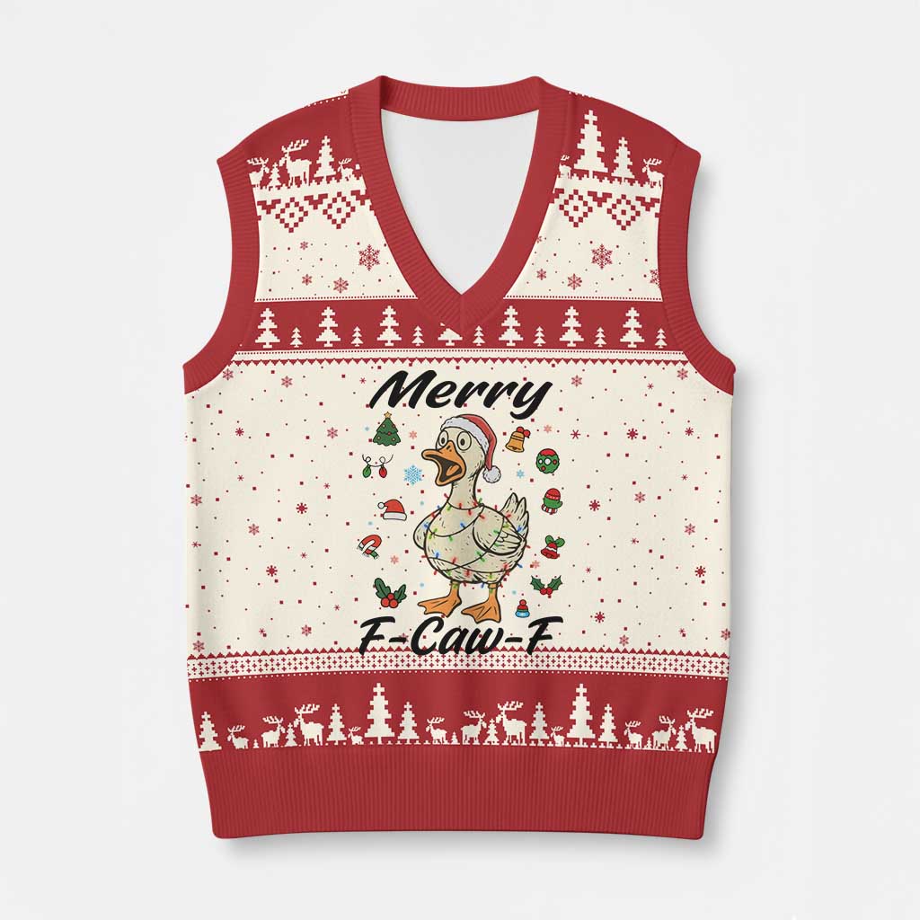 Merry F Caw F Goose V-Neck Knit Sweater Vest Funny Rebellious Xmas Gift - Wonder Print Shop