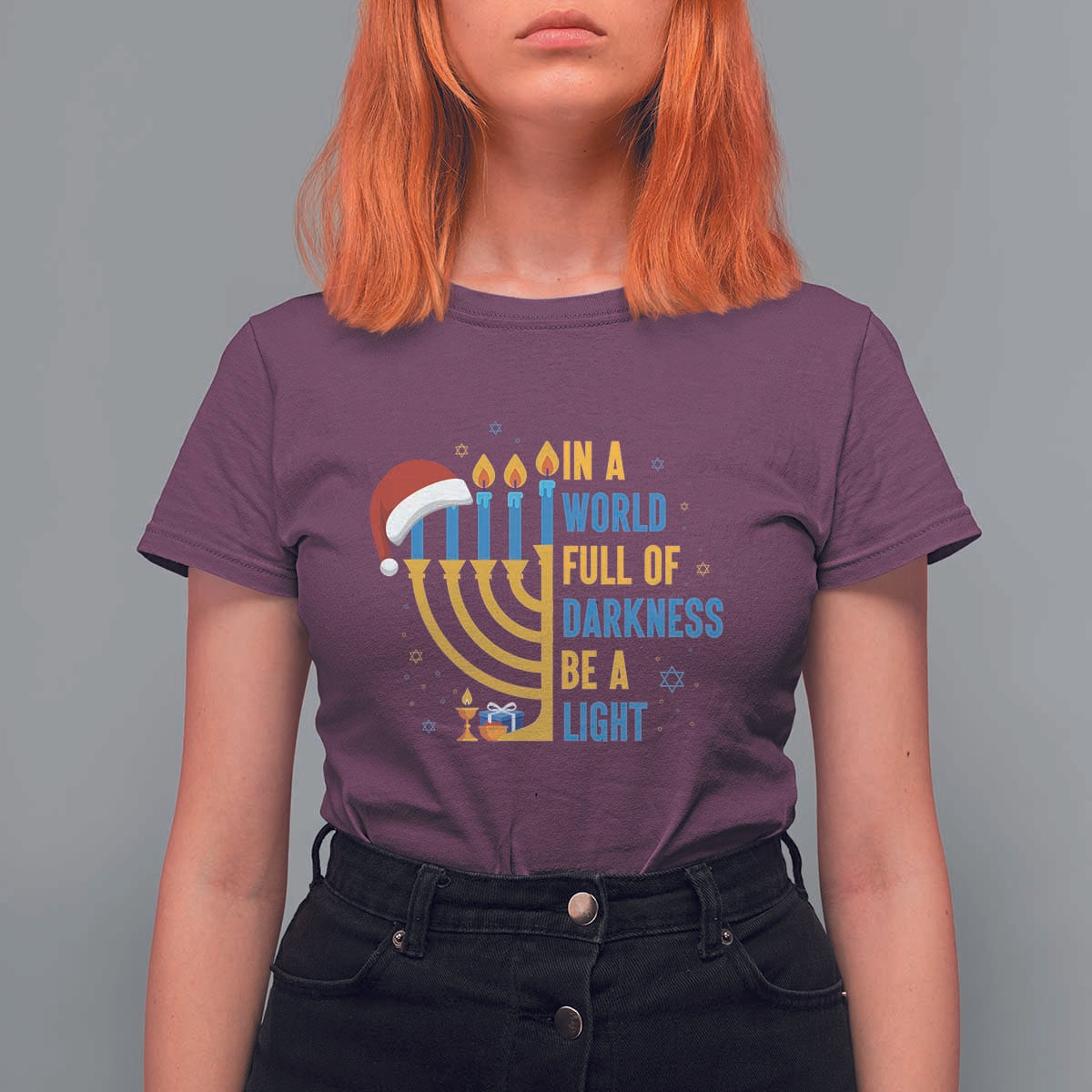 Christmas Hanukkah Interfaith Family Gift T Shirt For Women In A World Full Of Darkness Be A Light - Wonder Print Shop