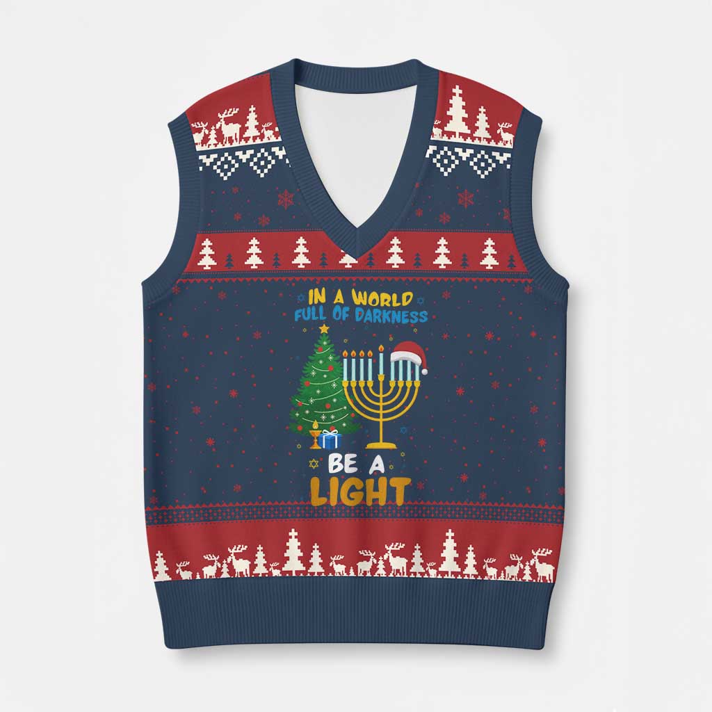 Be A Light Xmas Hanukkah V-Neck Knit Sweater Vest Interfaith Family Gift - Wonder Print Shop