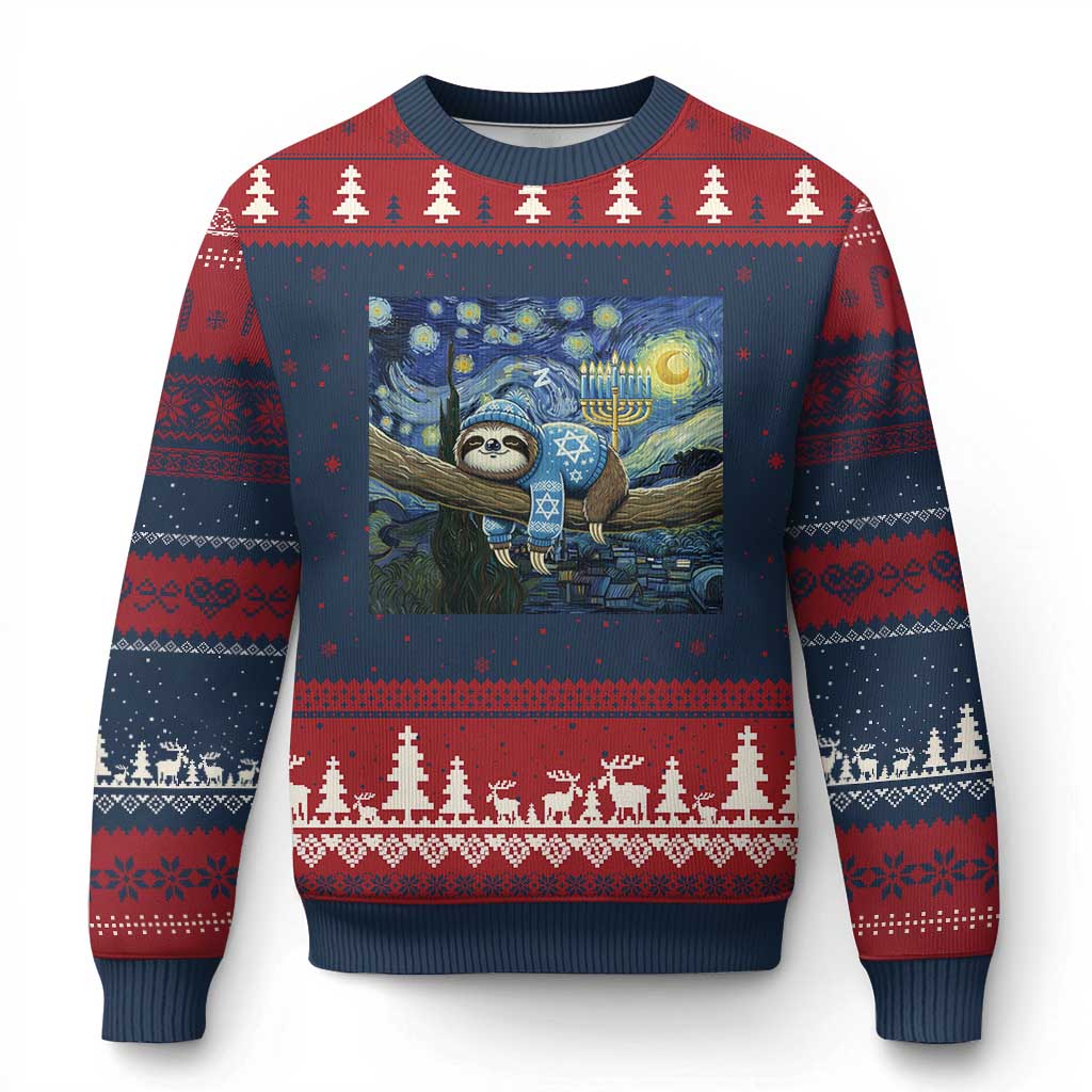 Funny Hanukkah Sloth Ugly Christmas Sweater Van Gogh Starry Night Jewish Gift - Wonder Print Shop