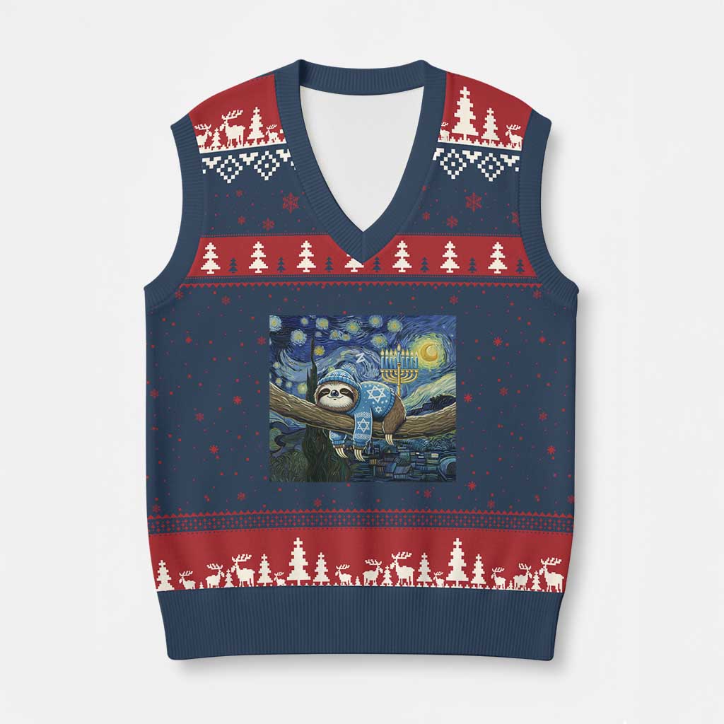 Funny Hanukkah Sloth V-Neck Knit Sweater Vest Van Gogh Starry Night Jewish Gift - Wonder Print Shop