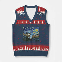 Funny Hanukkah Sloth V-Neck Knit Sweater Vest Van Gogh Starry Night Jewish Gift - Wonder Print Shop