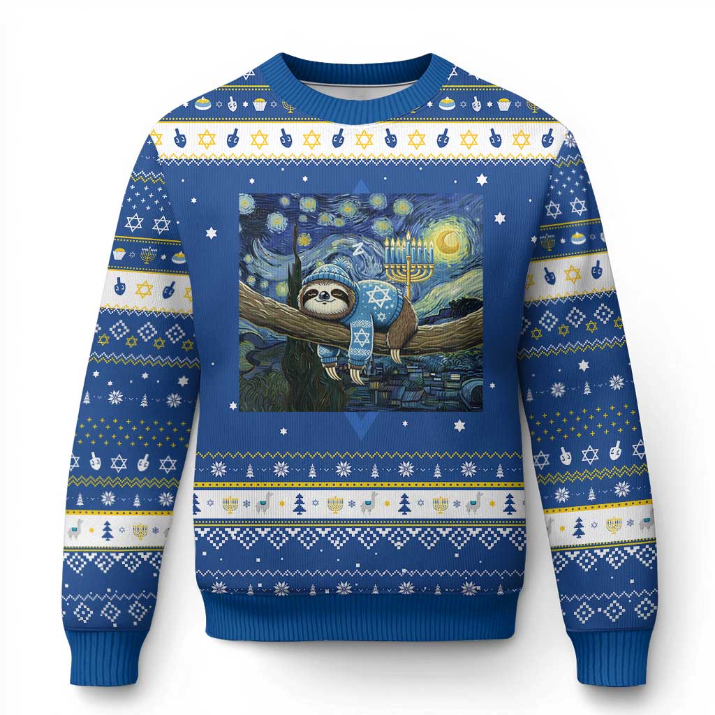 Funny Sloth Hanukkah Ugly Sweater Van Gogh Starry Night Jewish Gift - Wonder Print Shop