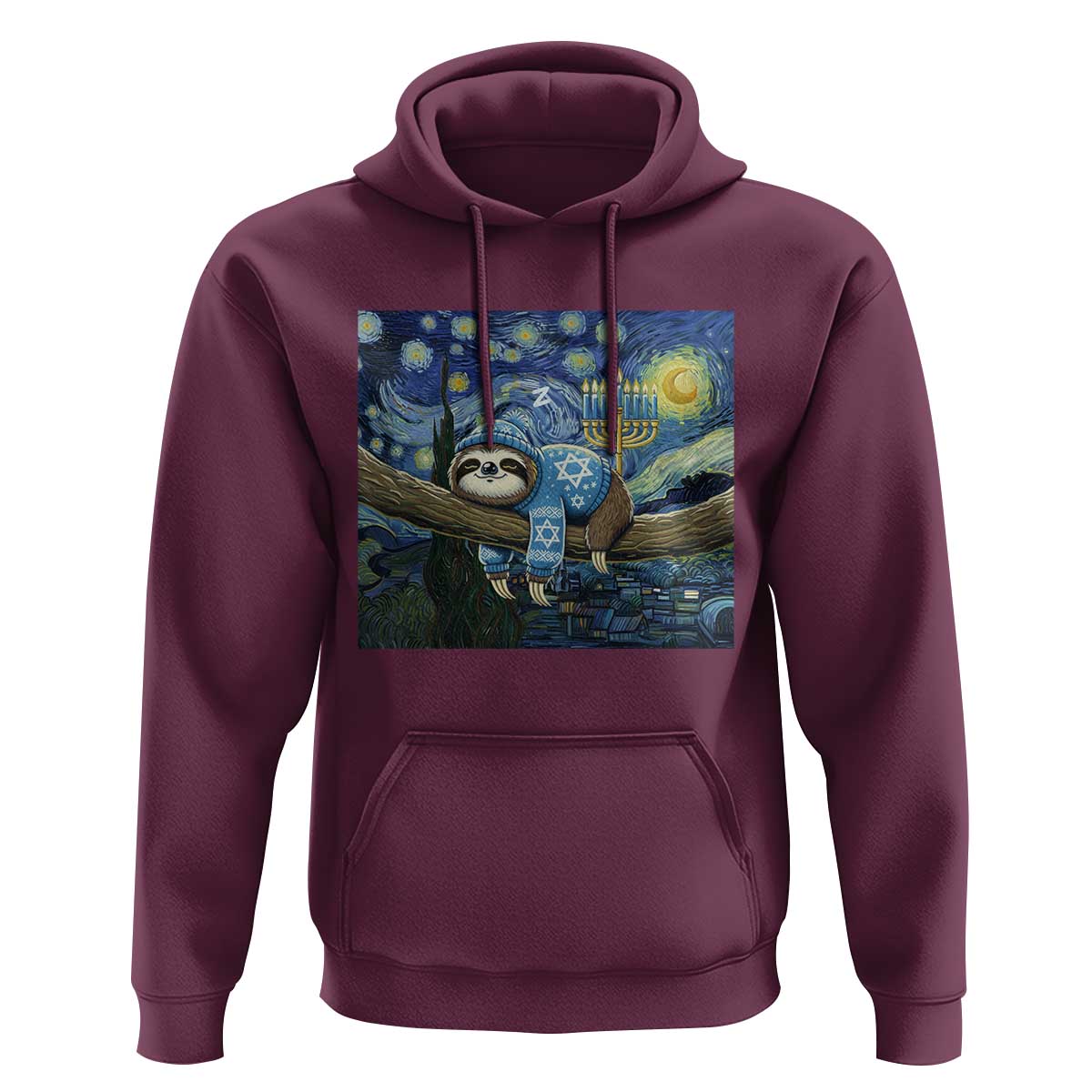 Funny Hanukkah Sloth Hoodie Van Gogh Starry Night Jewish Gift - Wonder Print Shop