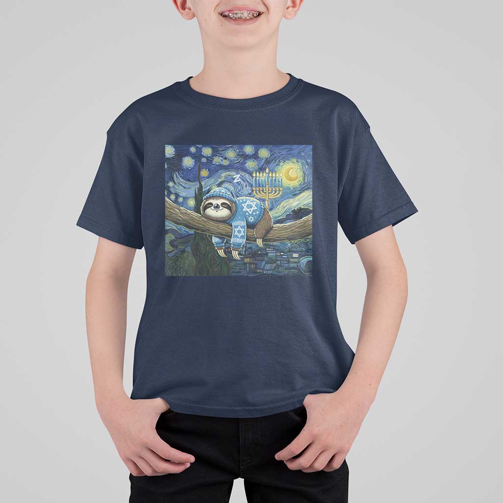 Funny Hanukkah Sloth T Shirt For Kid Van Gogh Starry Night Jewish Gift - Wonder Print Shop