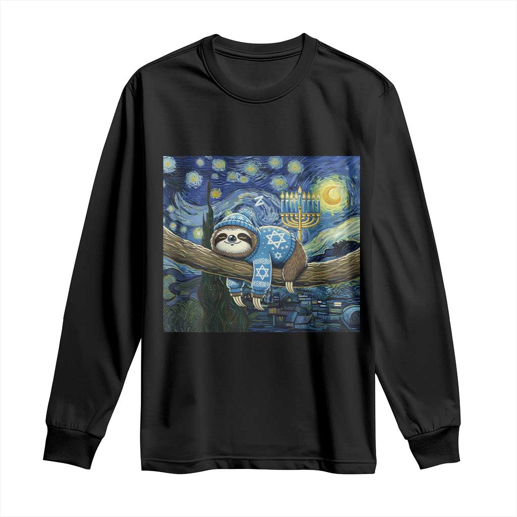 Funny Hanukkah Sloth Long Sleeve Shirt Van Gogh Starry Night Jewish Gift - Wonder Print Shop