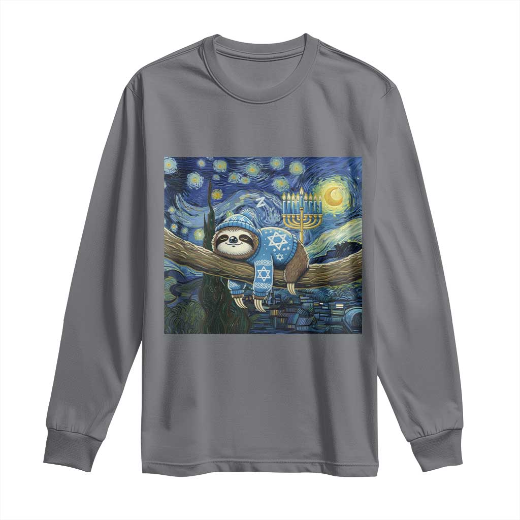 Funny Hanukkah Sloth Long Sleeve Shirt Van Gogh Starry Night Jewish Gift - Wonder Print Shop
