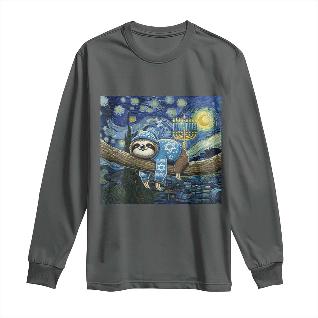 Funny Hanukkah Sloth Long Sleeve Shirt Van Gogh Starry Night Jewish Gift - Wonder Print Shop