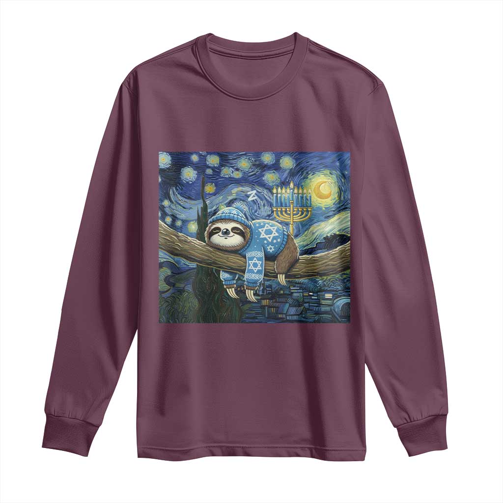 Funny Hanukkah Sloth Long Sleeve Shirt Van Gogh Starry Night Jewish Gift - Wonder Print Shop