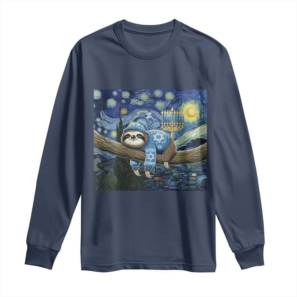 Funny Hanukkah Sloth Long Sleeve Shirt Van Gogh Starry Night Jewish Gift - Wonder Print Shop