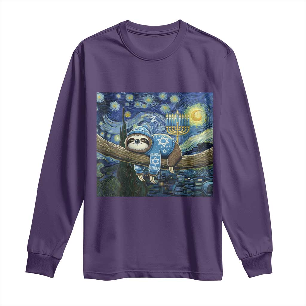 Funny Hanukkah Sloth Long Sleeve Shirt Van Gogh Starry Night Jewish Gift - Wonder Print Shop