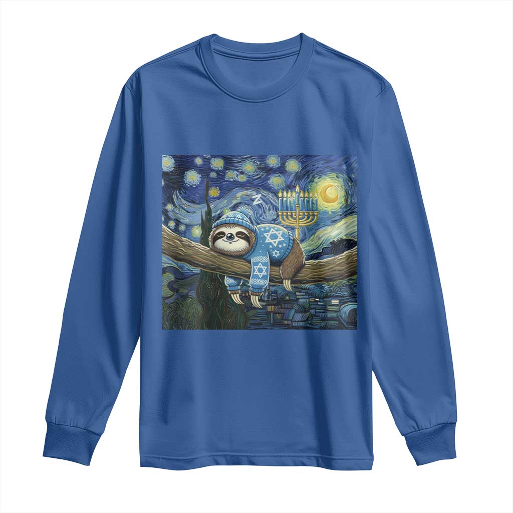 Funny Hanukkah Sloth Long Sleeve Shirt Van Gogh Starry Night Jewish Gift - Wonder Print Shop