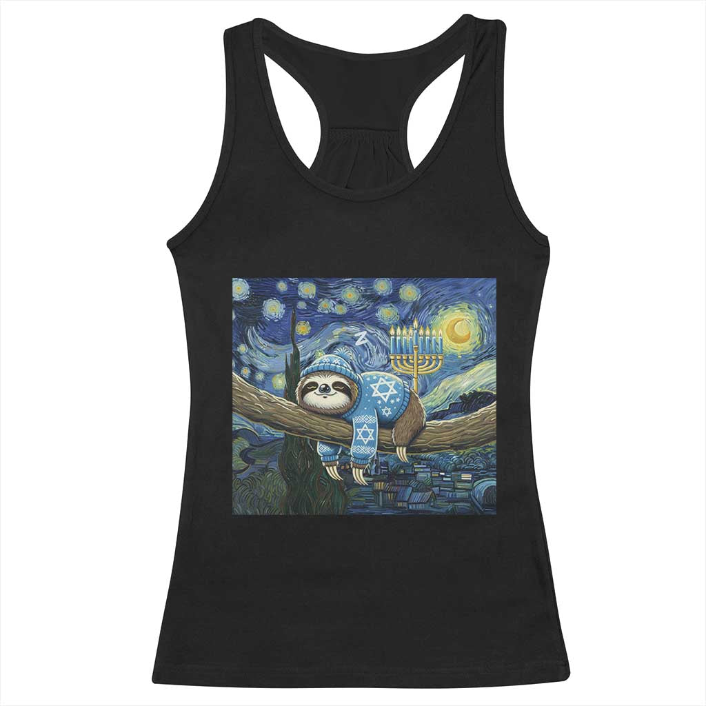 Funny Hanukkah Sloth Racerback Tank Top Van Gogh Starry Night Jewish Gift - Wonder Print Shop