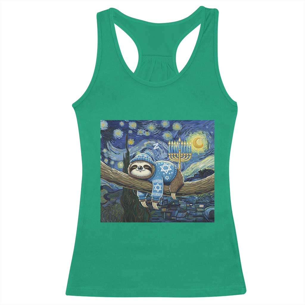 Funny Hanukkah Sloth Racerback Tank Top Van Gogh Starry Night Jewish Gift - Wonder Print Shop