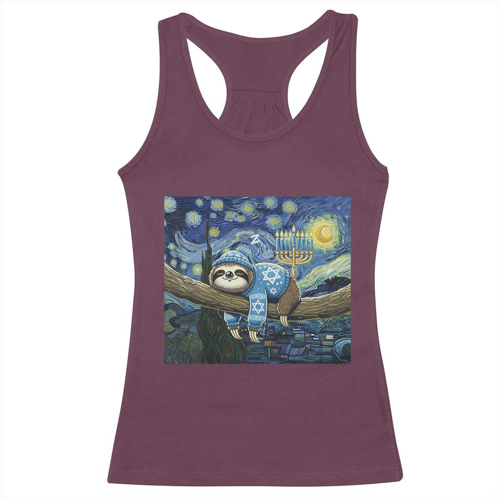 Funny Hanukkah Sloth Racerback Tank Top Van Gogh Starry Night Jewish Gift - Wonder Print Shop