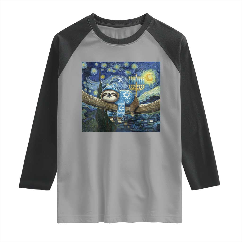 Funny Hanukkah Sloth Raglan Shirt Van Gogh Starry Night Jewish Gift - Wonder Print Shop