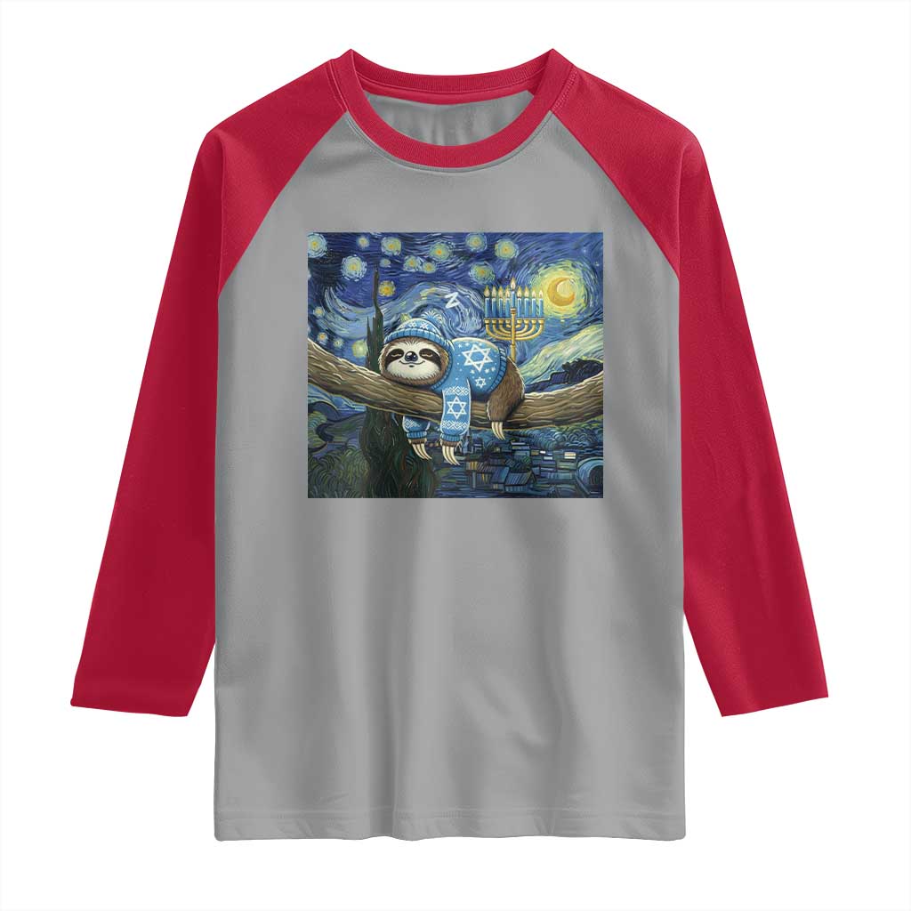 Funny Hanukkah Sloth Raglan Shirt Van Gogh Starry Night Jewish Gift - Wonder Print Shop
