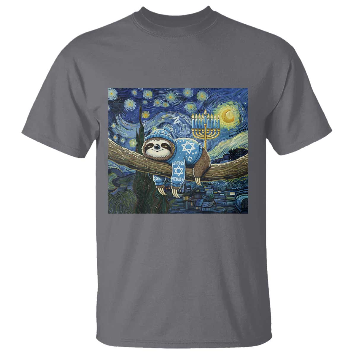Funny Hanukkah Sloth T Shirt Van Gogh Starry Night Jewish Gift - Wonder Print Shop