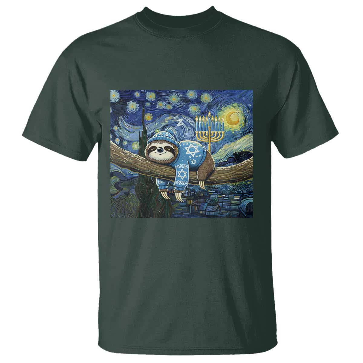 Funny Hanukkah Sloth T Shirt Van Gogh Starry Night Jewish Gift - Wonder Print Shop
