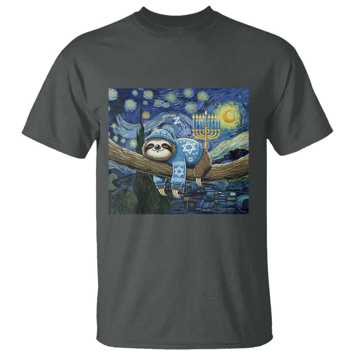 Funny Hanukkah Sloth T Shirt Van Gogh Starry Night Jewish Gift - Wonder Print Shop