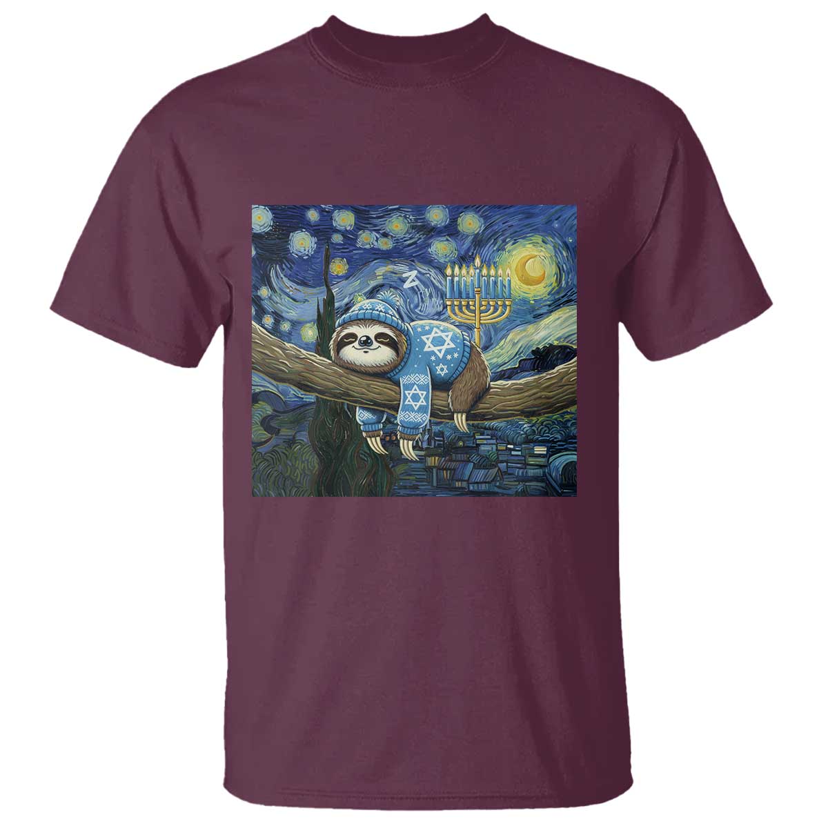 Funny Hanukkah Sloth T Shirt Van Gogh Starry Night Jewish Gift - Wonder Print Shop