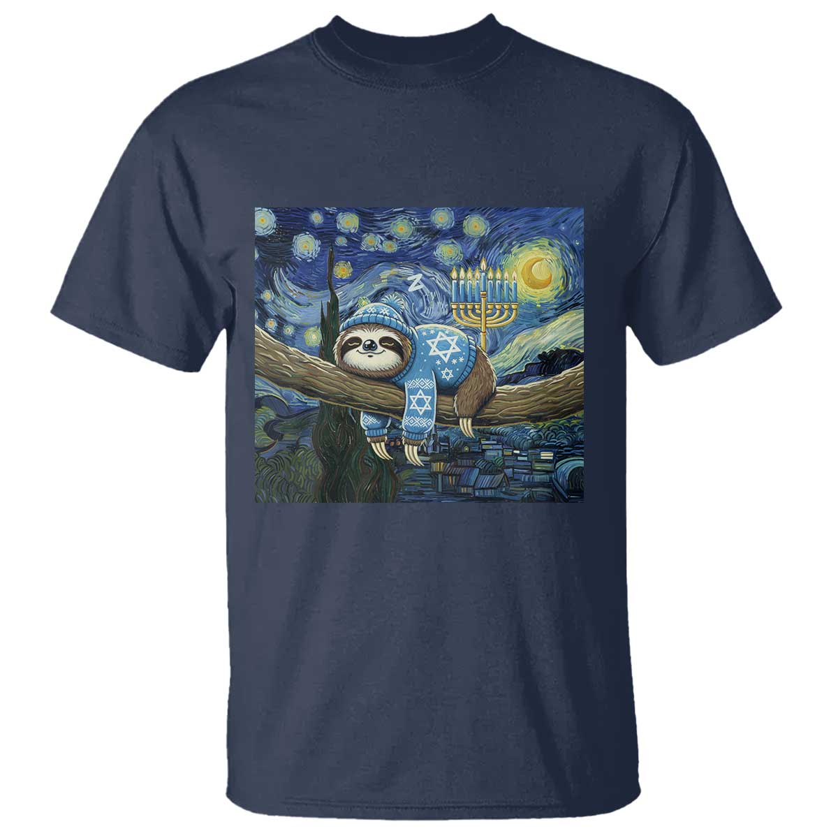 Funny Hanukkah Sloth T Shirt Van Gogh Starry Night Jewish Gift - Wonder Print Shop