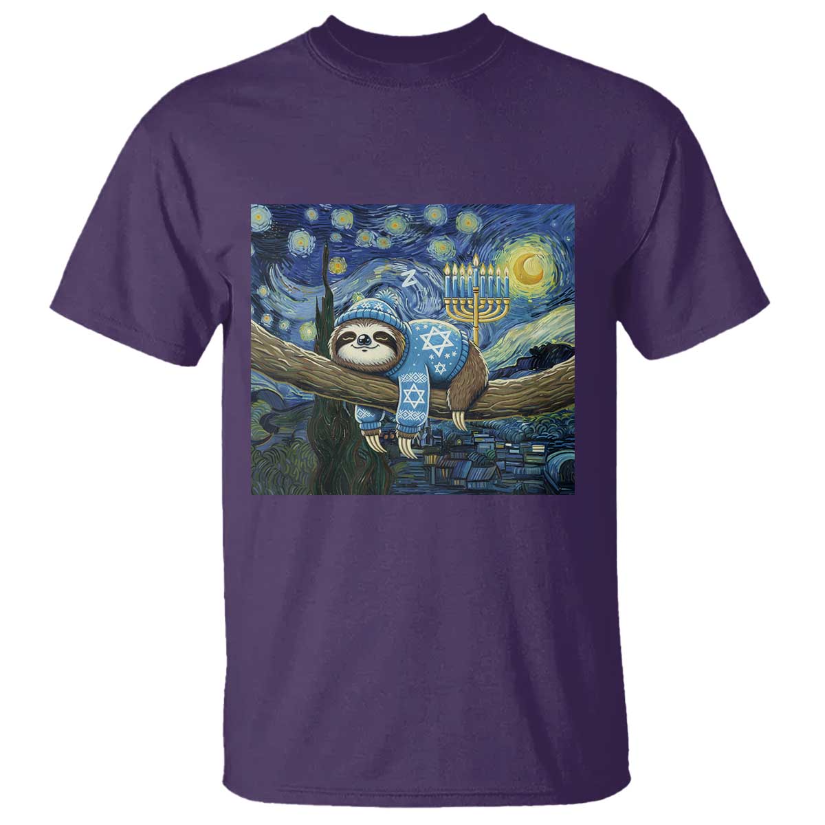 Funny Hanukkah Sloth T Shirt Van Gogh Starry Night Jewish Gift - Wonder Print Shop