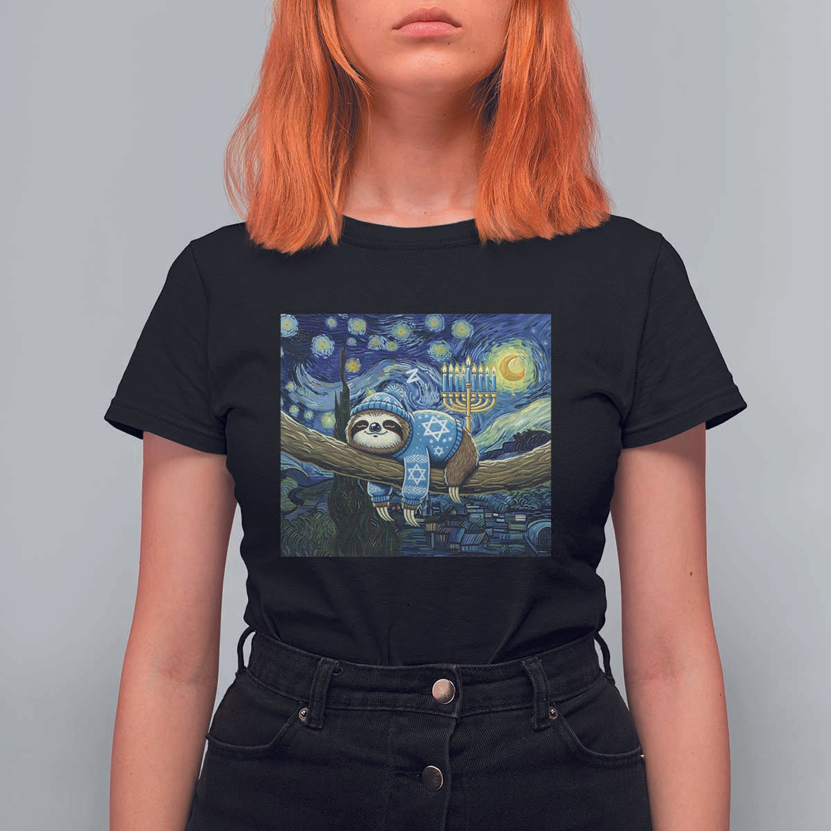 Funny Hanukkah Sloth T Shirt For Women Van Gogh Starry Night Jewish Gift - Wonder Print Shop