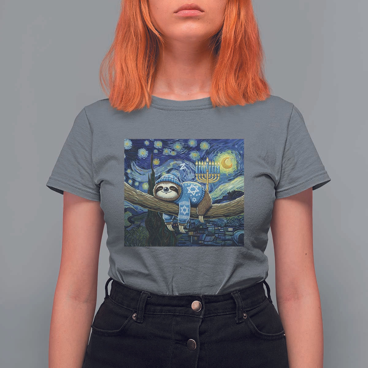 Funny Hanukkah Sloth T Shirt For Women Van Gogh Starry Night Jewish Gift - Wonder Print Shop