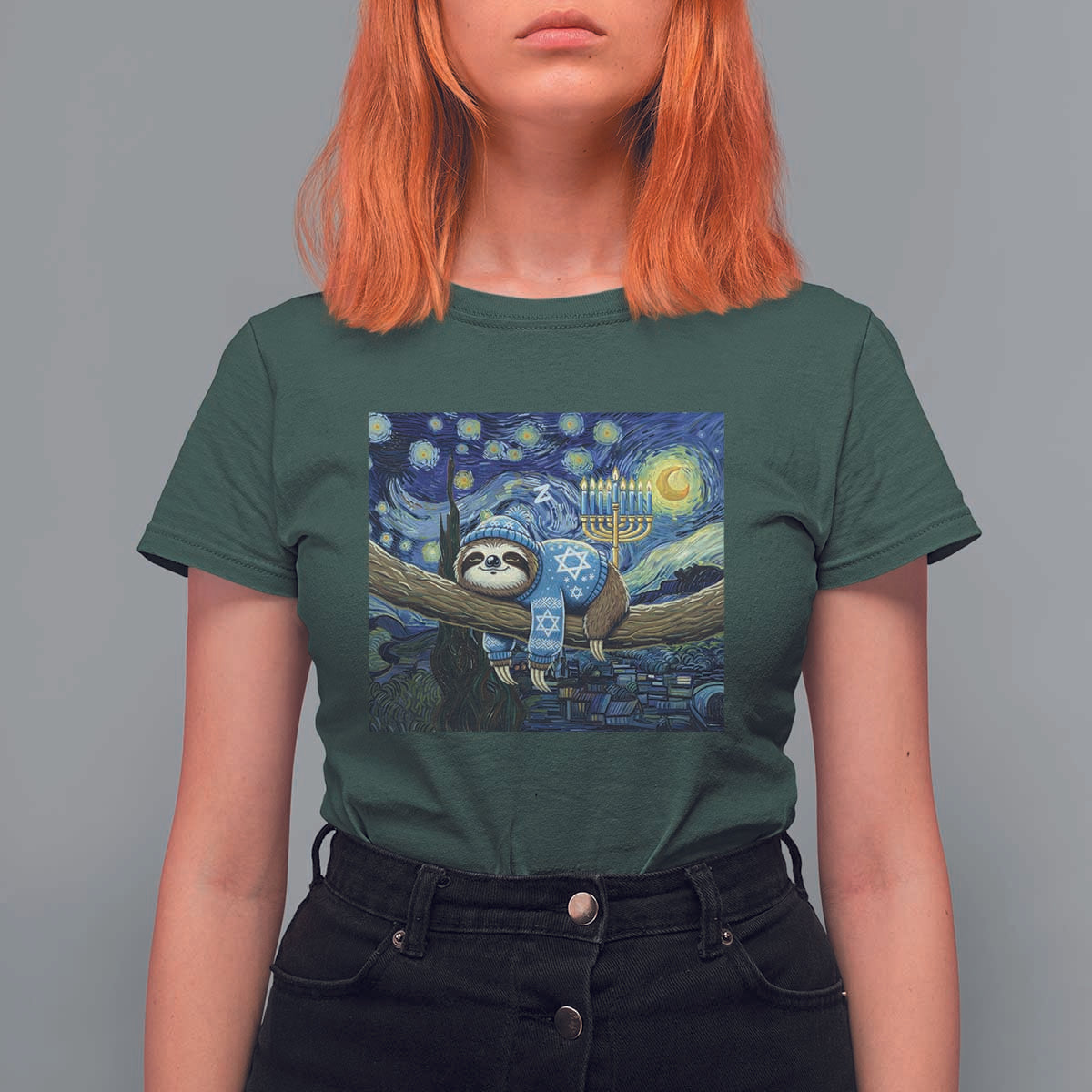 Funny Hanukkah Sloth T Shirt For Women Van Gogh Starry Night Jewish Gift - Wonder Print Shop