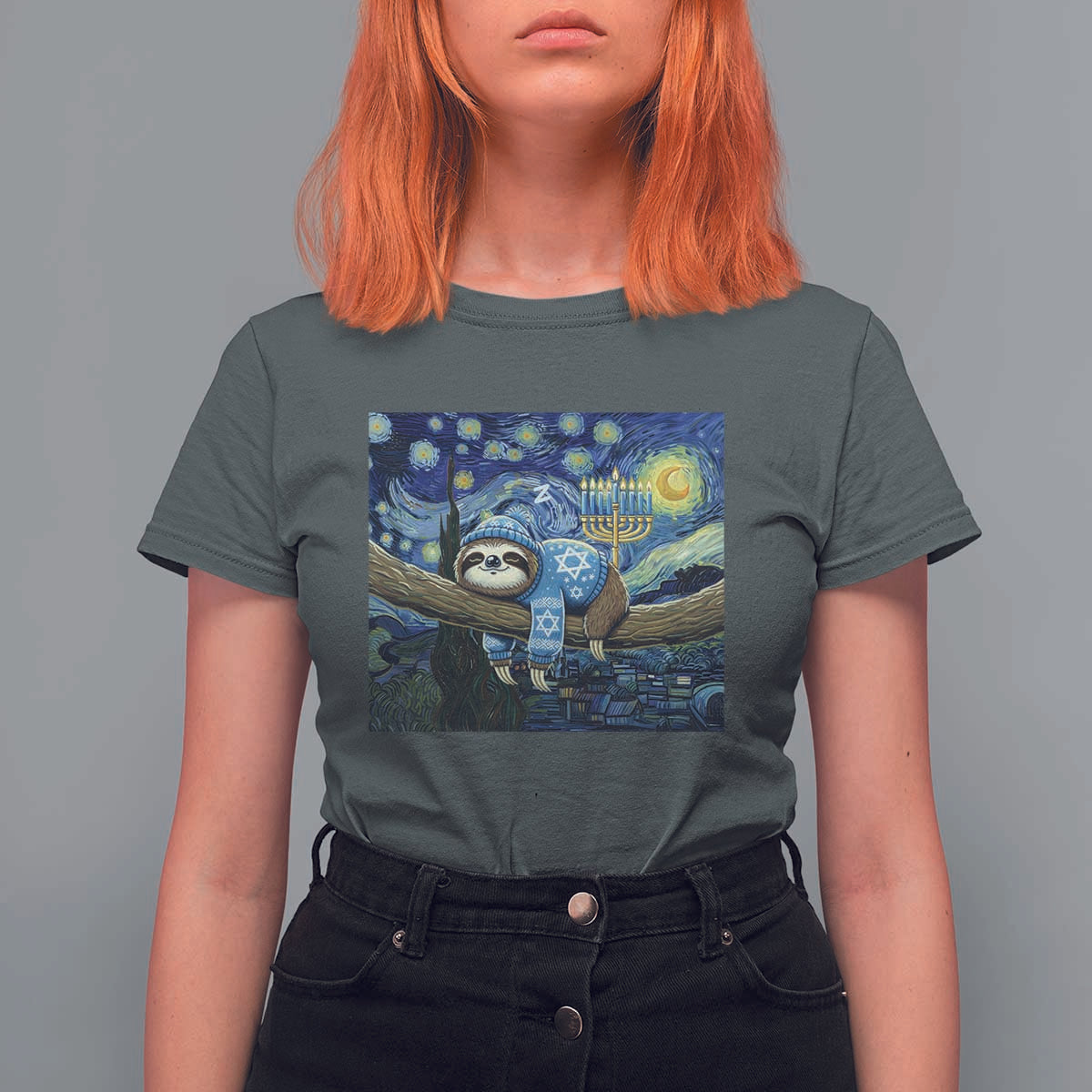 Funny Hanukkah Sloth T Shirt For Women Van Gogh Starry Night Jewish Gift - Wonder Print Shop